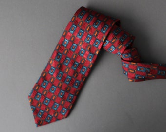 Zegna Tie. Abstract Print Tie. Silk Tie. Red Navy Blue Orange. Vintage. Office Tie. Gogovintage. Free Shipping