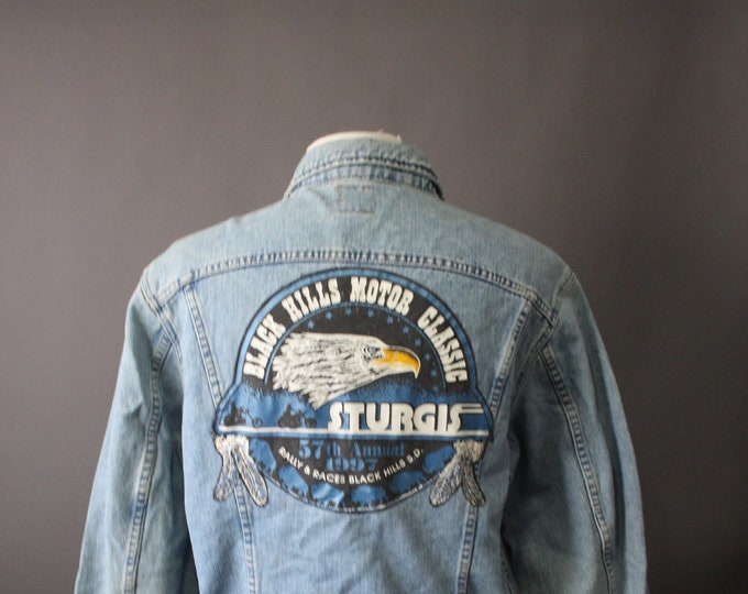 Sturgis 97' Lee Denim Trucker Jacket. Distressed Faded Blue Denim ...