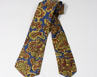 Vintage 1940s 50s Paisley Pattern Dress Tie. Yellow Blue Red Design. Gogovintage. Free Shipping