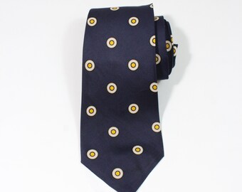 Vintage 1960s Mod Circles Pattern Dress Tie. Navy Blue Tie With Black White Yellow Design. Gogovintage. Free Shipping