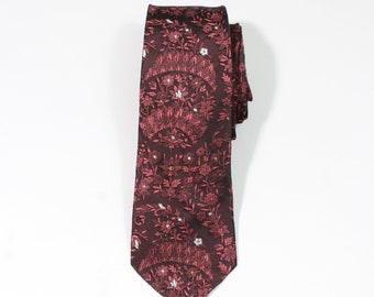 Vintage 1940s 50s Holly Vogue California Floral Samarkand Paisley Pattern Dress Tie.  Deep Red Tie With Pink Design