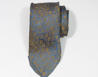 Vintage 1950s 60s MCM Striped Diamond Pattern Dress Tie. Iridescent Blue Tie With Gold Design. Gogovintage. Free Shipping