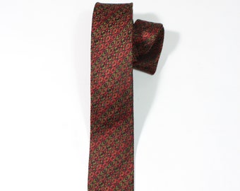 Vintage 1940s 50s Mid Century Modern Stripe Pattern Silk Dress Tie. Red Tie With Green Braiding Design. Gogovintage. Free Shipping