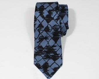 Vintage 1950s 60s Abstract Pattern Dress Tie. Blue Tie With Black Design. Gogovintage. Free Shipping