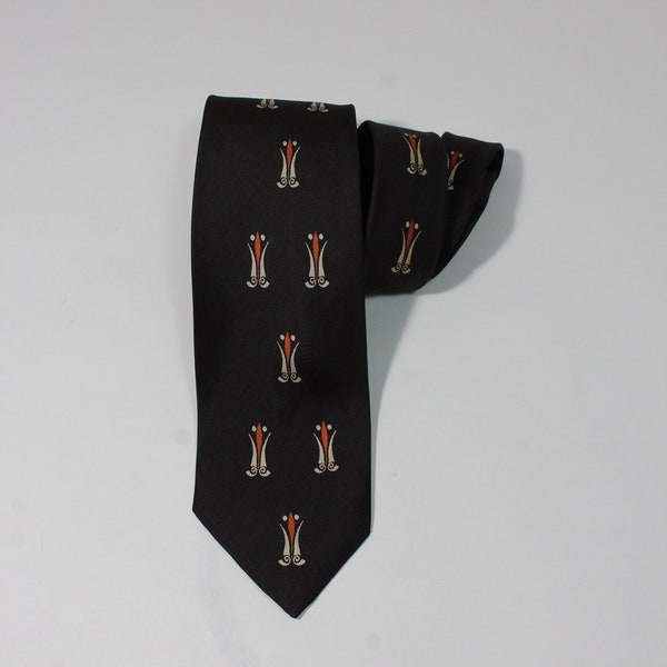 Vintage 1950s 60s Art Deco Pattern Dress Tie. Dark Brown Tie With White And Orange Design. Gogovintage. Free Shipping