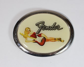 Vintage Fender Pinup Girl Guitar 50s Rockabilly Style Graphic Late 90s Belt Buckle