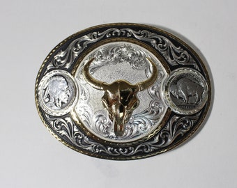 NWT  Vintage Western Montana Silversmith Steer Skull Buffalo Nickel Coin Filigree Belt Buckle. Silver Gold And Black Buckle