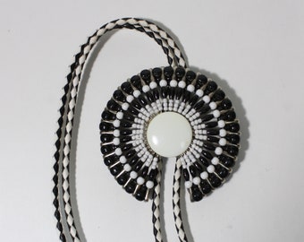 Vintage Western Style Black White Beaded Safety Pin Bolo Tie. Black White Leather Braid With Metal Tooled Tassels