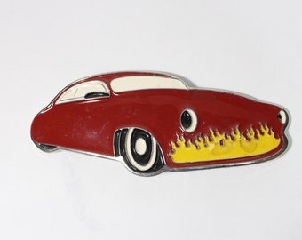 Vintage Classic Flames Hot Rod Car Belt Buckle. Red Yellow Cruiser Dick Tracy Style Graphic