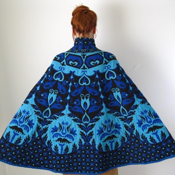 1960s Cape Coat Royal Blue Art Nouveau Woodland
