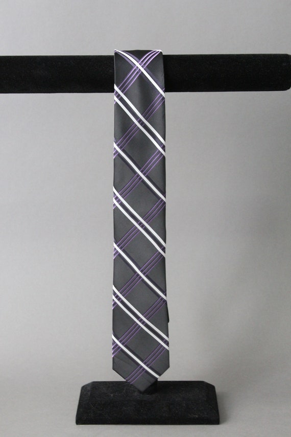 Mens Stripe Tie. Black White Purple Pattern Tie. Silk… - Gem