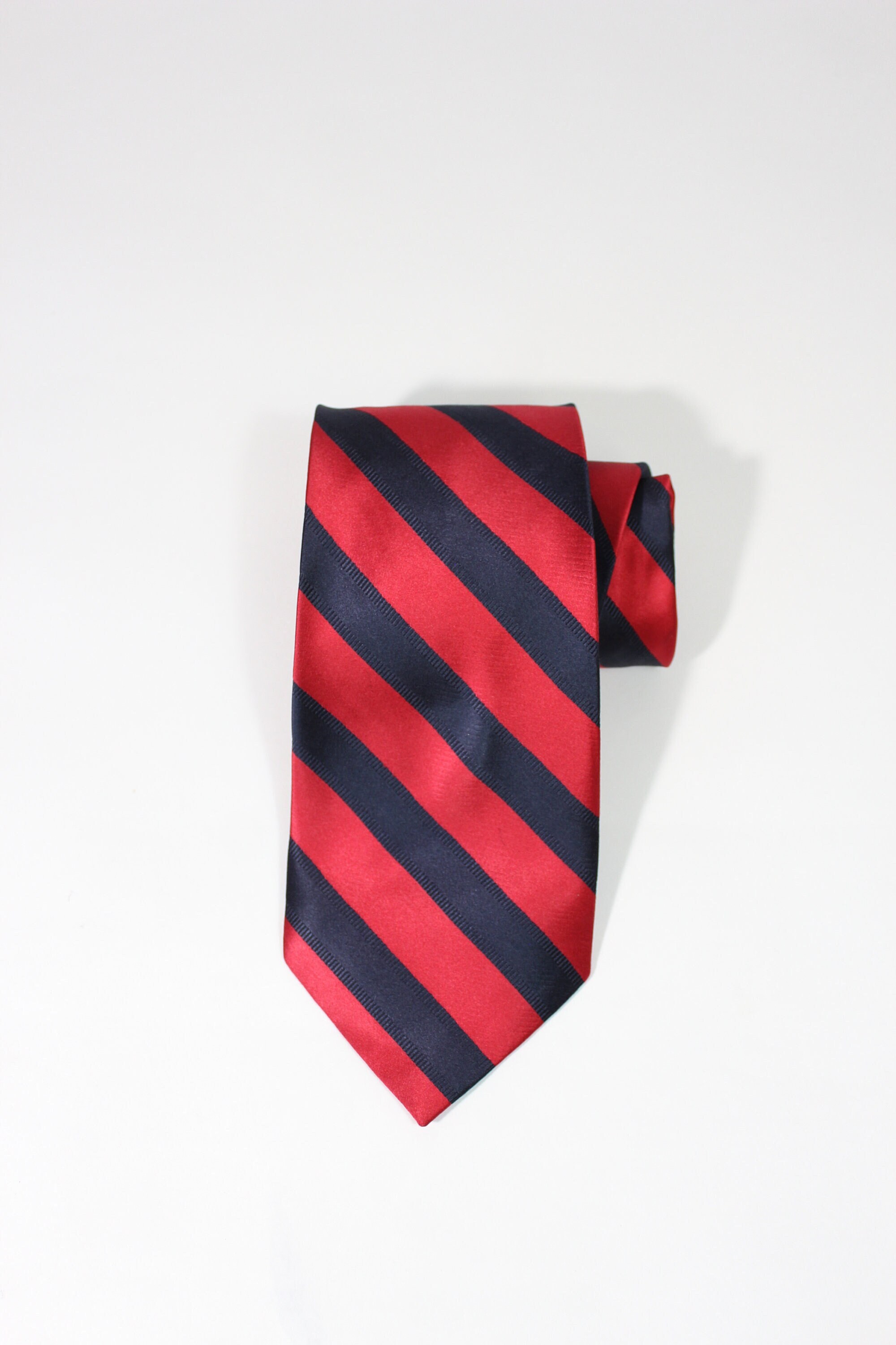 Paul Frederick Red Navy Blue Black Stripe Pattern Silk Dress