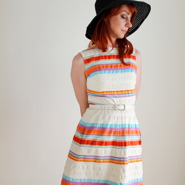 1960s White Orange Purple Blue Stripes Day Dress. Mad Men Fashion. Spring Summer. Weddings. Size Medium