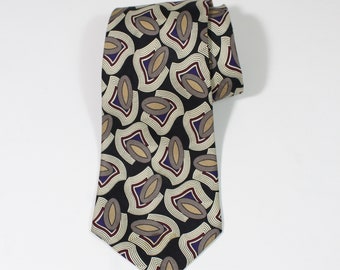 Vintage Geo Abstract Pattern Silk Dress Tie. Multi Color Tie With Black And Browns Design. Gogovintage. Free Shipping