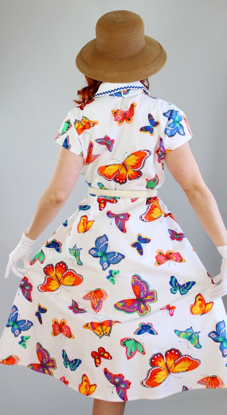 1950s Style Handmade White Butterflies Print Cotton Dress. Day Dress. OOAK. Bridesmaid. Alternative Wedding Dress. Size Large image 4