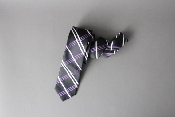 Mens Stripe Tie. Black White Purple Pattern Tie. Silk… - Gem