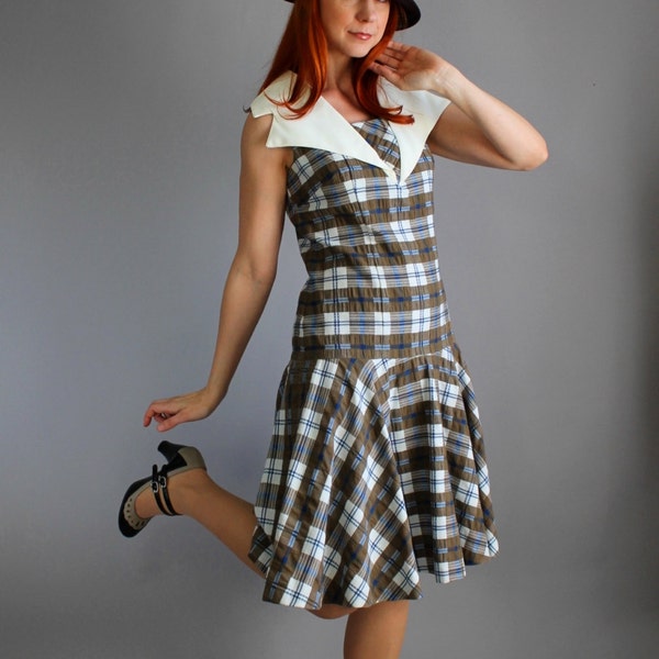 SALE - Mod 1960s Brown Blue White Plaid Nautical  Dress. Day Dress. Office. Mad Men. Summer. Fall. Back To School