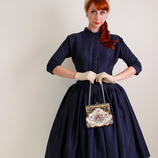 Gorgeous Vintage 1950s Dark Navy Blue Party Dress. Cocktail Dress. Audrey Hepburn. Mad Men. Spring