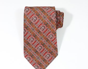 Vintage 1960s Paisley Diamond Pattern Silk Dress Tie. Rust Red Tie With Orange Green Black Gray Design. Gogovintage. Free Shipping