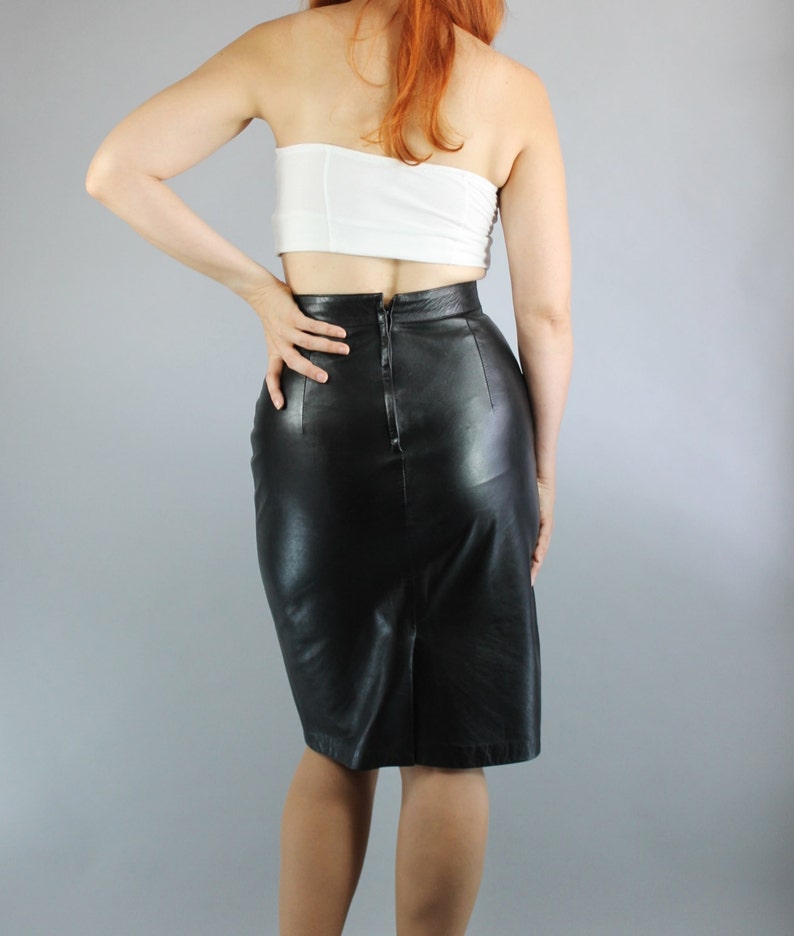 Vintage 80s Women's High Waisted Black Leather Skirt // Etsy