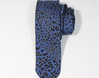 Retro Leopard Pattern Silk Tie. Blue Black Design. Free Shipping
