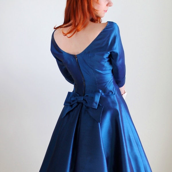 SALE - Vintage 1950s Sharkskin Blue Party Dress. Formal. Cocktail. Mad Men. Wedding Bridesmaid