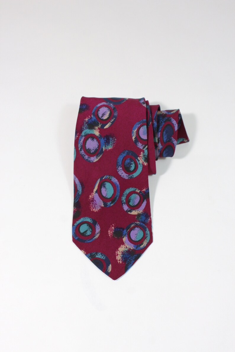 Ungaro Modern Abstract Dress Tie. Reddish Purple Blue Circles Pattern Tie. Silk Tie. Vintage. Gogovintage. Free Shipping image 1