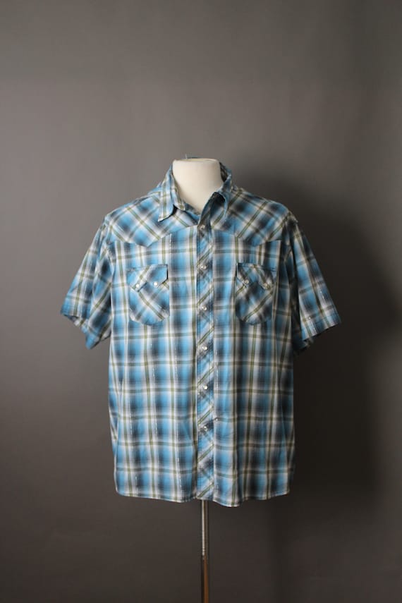 Wrangler Western Shirt. Blue Green Plaid Shirt. C… - image 2