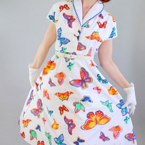 1950s Style Handmade White Butterflies Print Cotton Dress. Day Dress. OOAK. Bridesmaid. Alternative Wedding Dress. Size Large image 2