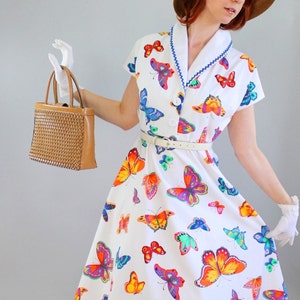 1950s Style Handmade White Butterflies Print Cotton Dress. Day Dress. OOAK. Bridesmaid. Alternative Wedding Dress. Size Large image 1