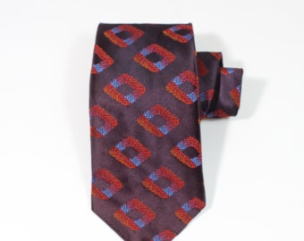 Rare Vintage 1950s 60s MCM Geo Pattern Dress Tie. Purple Tie With Red Orange Blue Stitched Design. Gogovintage. Free Shipping