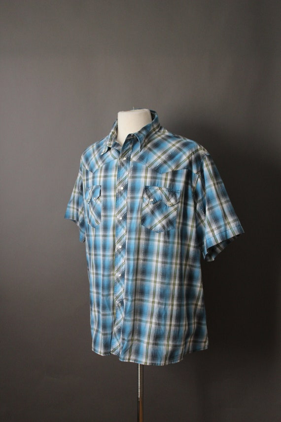 Wrangler Western Shirt. Blue Green Plaid Shirt. C… - image 1