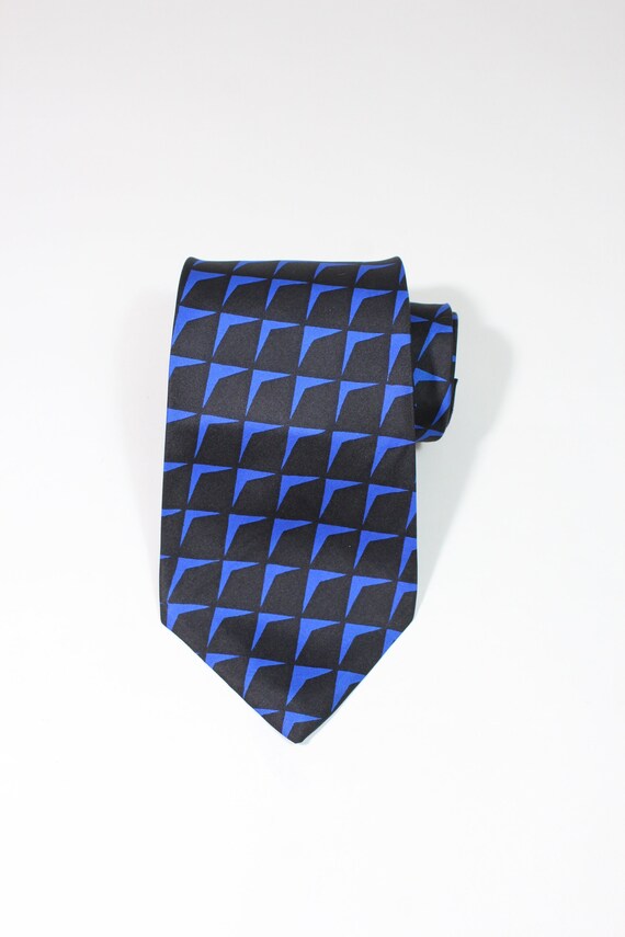 80s Lanvin Blue Black Modern Geo Wide Dress Tie. … - image 1