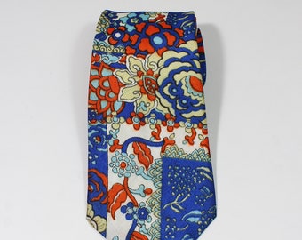 Vintage 1960s 70s Mod Floral Abstract Pattern Dress Tie. Blue Tie With Orange White Design. Gogovintage. Free Shipping