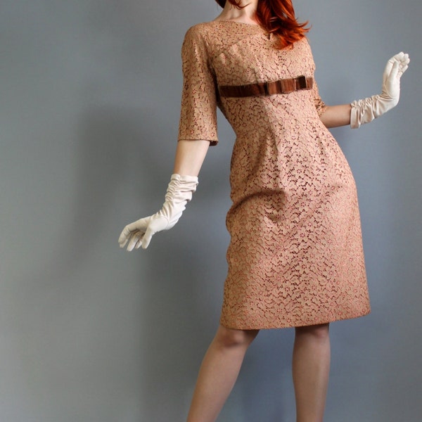 Holiday Sale - 1950s Milk Chocolate Brown Beige Lace Wiggle Dress. Party Dress. Cocktail Dress. Mad Men Fashion. Weddings