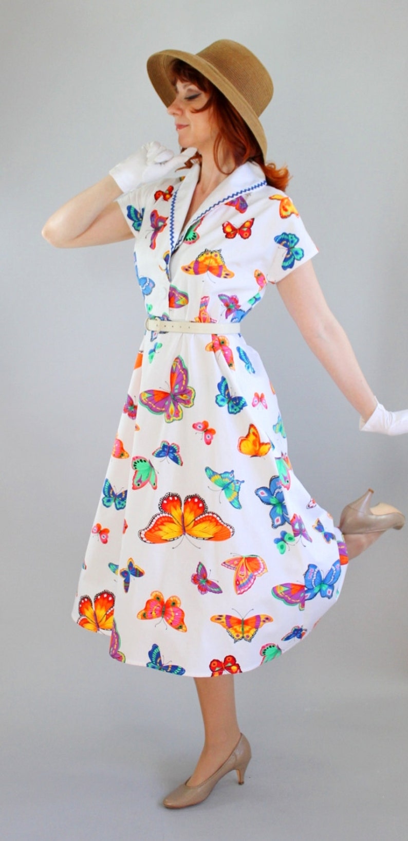 1950s Style Handmade White Butterflies Print Cotton Dress. Day Dress. OOAK. Bridesmaid. Alternative Wedding Dress. Size Large image 3