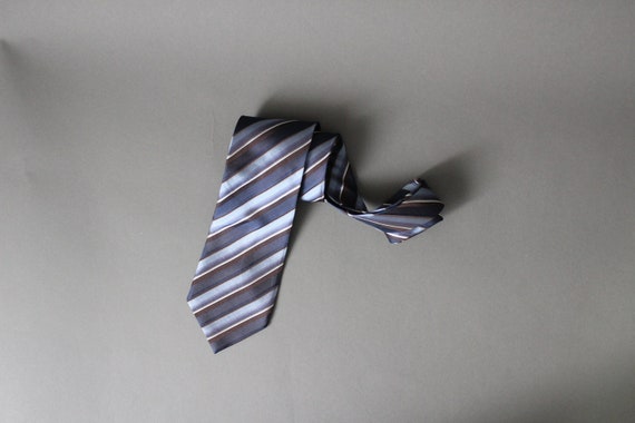 Mens Blue Stripe Tie. Blue Brown Tie. Silk Tie. V… - image 1
