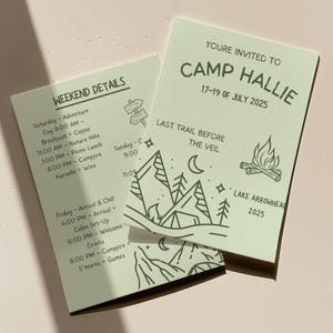 Sjabloon vrijgezellenreis kamp: groen weekendschema (bewerkbare Canva-sjabloon)