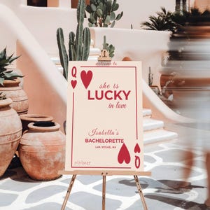 Lucky in Love Vegas Bachelorette Welcome Sign, Editable Canva Template, Casino Party Sign, Queen of Hearts Bridal Shower Decor