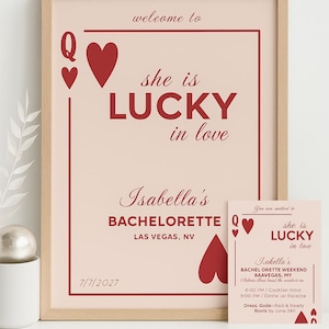 Lucky in Love Vegas Bachelorette Bundle – Editable Canva Welcome Sign & Invite, Playing Card Theme, Red Queen Bridal Shower Party Decor