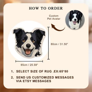 May include: Custom pet avatar rug, featuring a smiling black and white dog face. The rug is 25.59 inches wide and 31.50 inches tall. The text "HOW TO ORDER" and instructions are also included.