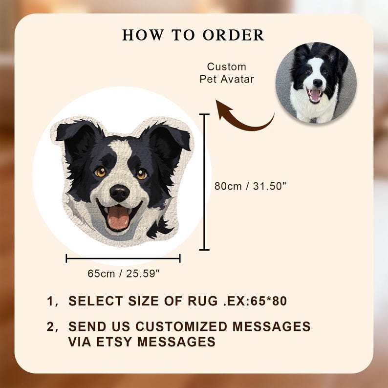 May include: Custom pet avatar rug, featuring a smiling black and white dog face. The rug is 25.59 inches wide and 31.50 inches tall. The text "HOW TO ORDER" and instructions are also included.