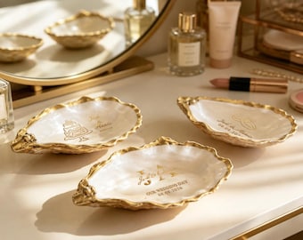 Plato de joyería personalizado con forma de concha de ostra, cuenco personalizado para anillos con lámina de oro, regalo para pedirle matrimonio a la dama de honor, decoración para bodas costeras, bandeja para baratijas