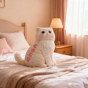 May include: A white plush cat toy with pink cheek blush and the word "onoc" in pink circles on its side. The cat is sitting on a bed with a neutral-toned blanket. The room has a warm, inviting atmosphere.