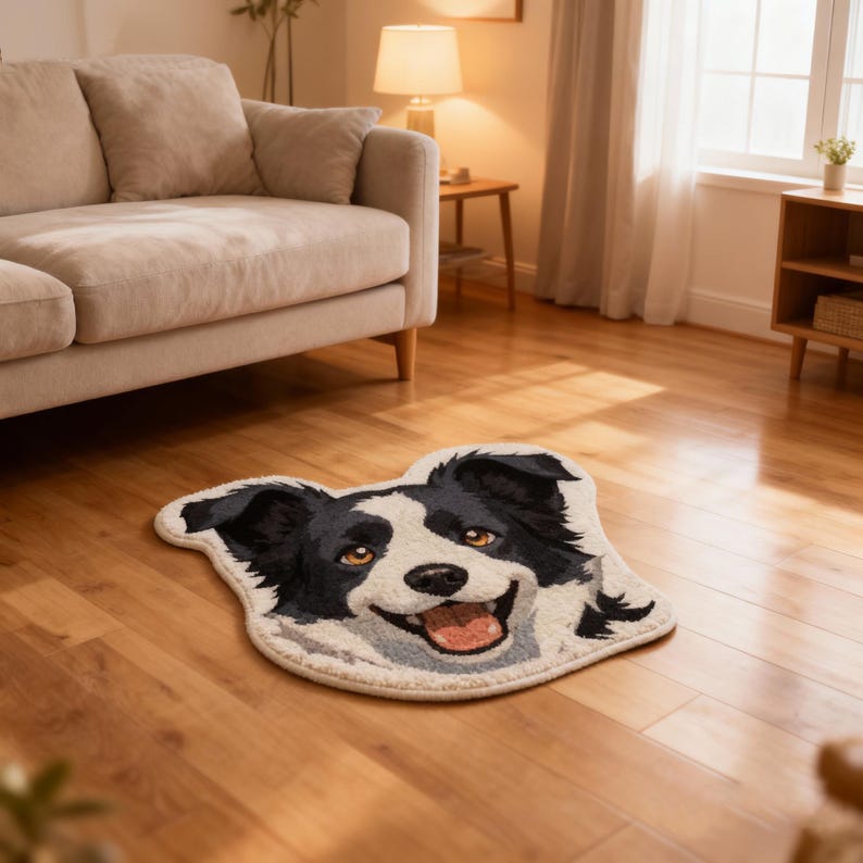May include: A dog-shaped rug with a smiling face, featuring black and white fur and brown eyes. The rug is placed on a hardwood floor in a living room setting. The rug's design resembles a Border Collie.