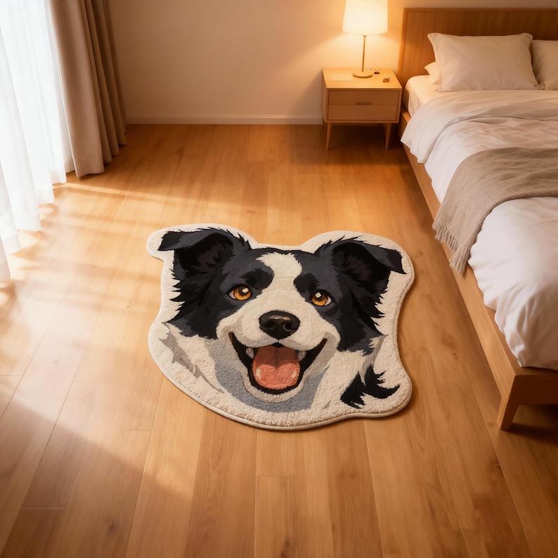 May include: A rug shaped like a smiling Border Collie dog's face. The rug features black and white fur with tan eyes and a pink tongue. The rug is on a hardwood floor in a bedroom.