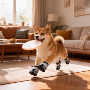 May include: A Shiba Inu dog in mid-air, wearing gray and black dog boots, with an orange and white frisbee in its mouth. The dog is running on a wooden floor in a living room with a brown sofa and coffee table.