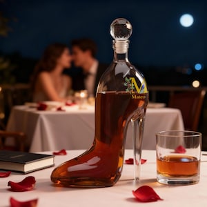 May include: A glass decanter in the shape of a high-heeled shoe, filled with a brown liquid. The decanter has a crystal stopper and the name "Mateo" is printed on the side. A glass of brown liquid sits next to the decanter, with rose petals scattered around.