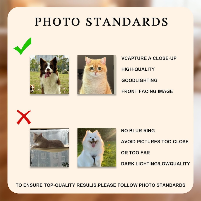 May include: A graphic with the text "PHOTO STANDARDS" and examples of good and bad photos. The "good" examples include a dog and a cat. The "bad" examples include a cat and a white dog. Text includes "VCAPTURE A CLOSE-UP" and "HIGH-QUALITY".