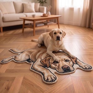 Könnte beinhalten: Ein geformter Teppich mit einer realistischen Illustration eines liegenden gelben Labrador Retrievers. Der Teppich ahmt die Körperform des Hundes nach, mit detaillierten Fellstrukturen und dunklen Umrandungen, platziert auf einem hellen Holzboden.